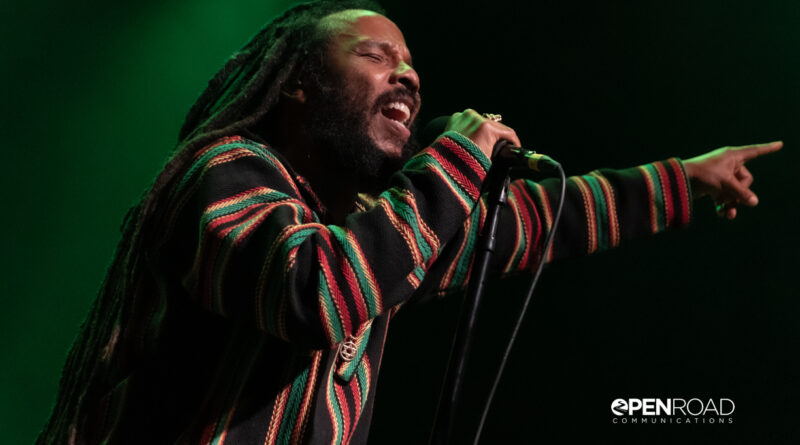Ziggy Marley sings into the microphone and holds his one arm out